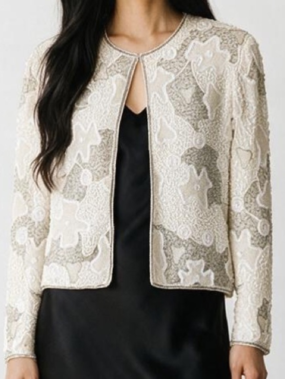Vintage Papéll Boutique Evening Silk Beaded Jacket Ivory Cream | Size M